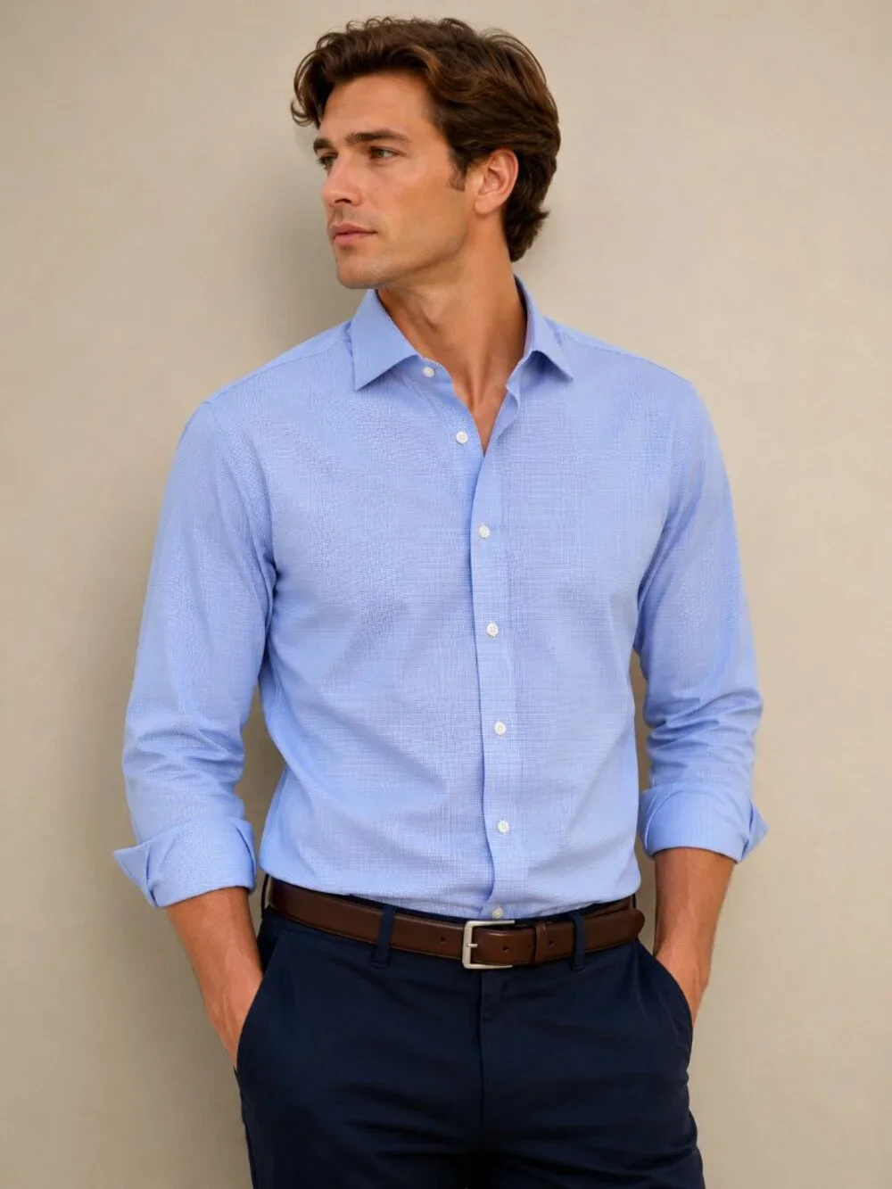 Polo Ralph Lauren Blue Dress Shirt Slim Fit Easy‎ Care Preppy Classic 17.5